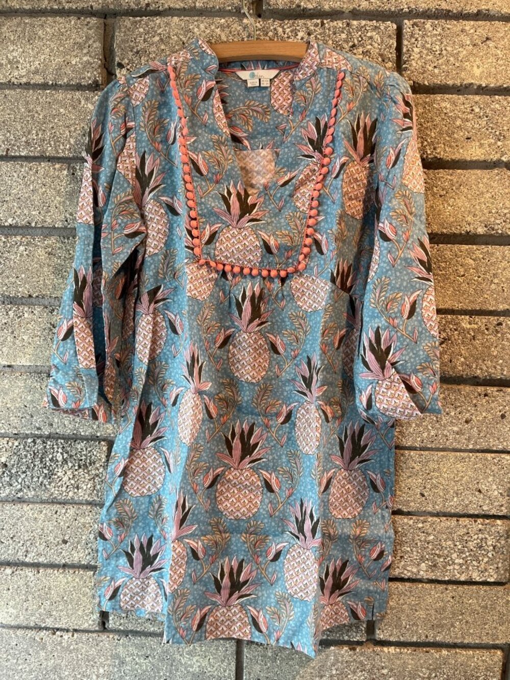 Boden Blue Pineapple Print Tunic Dress With Pom-Pom Trim 3/4 Sleeves UK 10R US 6